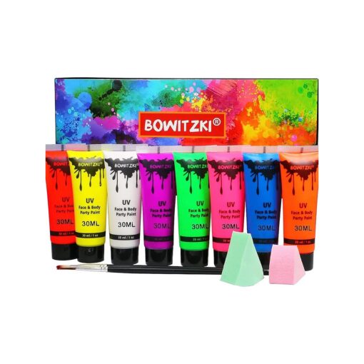 Bowitzki UV Neon Face and Body Paint 8 x 30ml ( 1.0 fl oz ) Liquid Large Kit Black Light Glow in the Dark Makeup Set Fluorescent Painting for Adults Kids Music Festivals Party Halloween Christmas