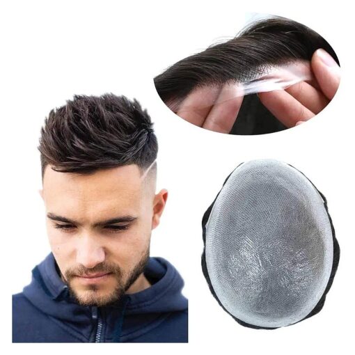 Toupee for Men, Human Hairpieces Replacement System, 0.03mm PU Thin Skin V-looped Black Male Hair Units # 1B