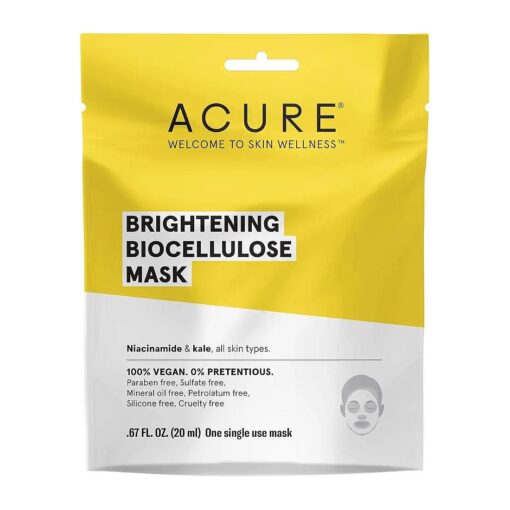 Acure Brightening Biocellulose Gel Mask | 100 % Vegan | For A Brighter Appearance | Niacinamide & Kale - Vitamin B3 |One Single Use | All Skin Types |1 Count