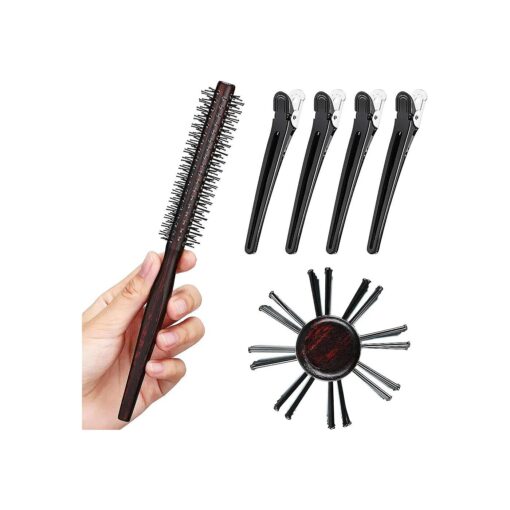 1 Inch Small Round Brush for Short Hair, Styling Hair Brush for Pixie, Quiff Roller Nylon Bristle with 4 Pieces Hair Clips for Bangs, Thin Hair, Fine Hair, Curling