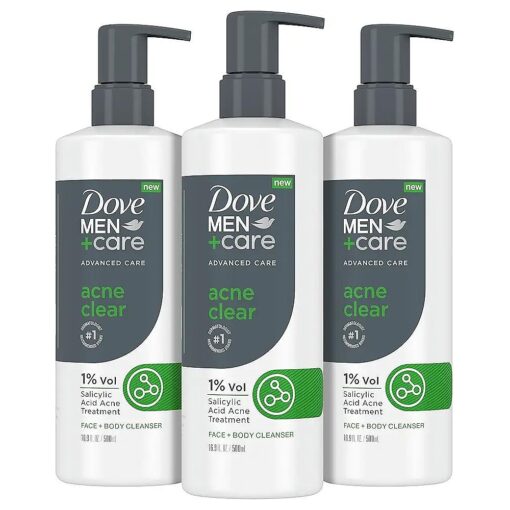 DOVE MEN + CARE Advanced Care Cleanser Acne Clear 3 Count for Acne Prone Skin Face + Body Cleanser with 1 % Salicylic Acid 16.9 oz