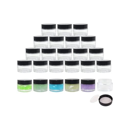 24 Pack 1 oz Round Clear Glass Cosmetic Jars with Inner Liners and Black Lids, Travel Glass Jars, Cosmetic Containers for Lip Balms, Ointments, Powders, Makeup, Cream, Eyeshadow, Slime, Paint