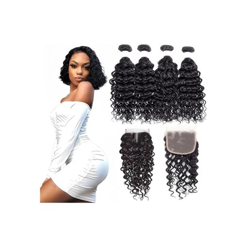 Foruiya Water Wave 4Bundles ( 50g/bundle ) with Middle Part Closure Weave Hair Human Bundles with T Lace Closure Brazilian Wet and Wavy Bundles with Closure ( 10/10/10/10+10" closure )