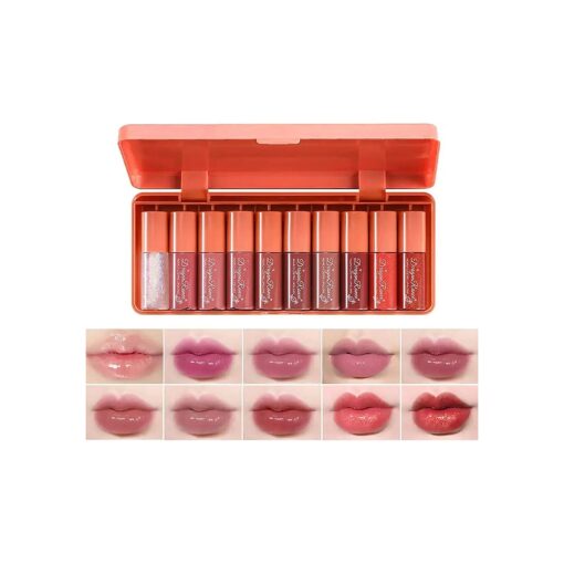 10 Colors Lip Stain Tint Set, Watery Finish Lip Tint Stain Korean Lip Gloss, Multi-use Lip and Cheek Tint, Moisturizing Waterproof Long Wear, High Pigment, Non-Sticky, Non-fading, Vivid Color