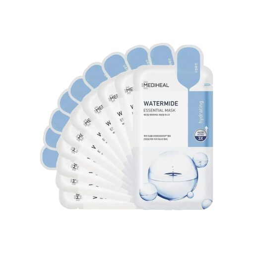 Mediheal Best Korean Watermide Essential Face Mask - 10 Hydrating and Moisturizing Sheet Masks With Water 3x Complex For All Skin Types