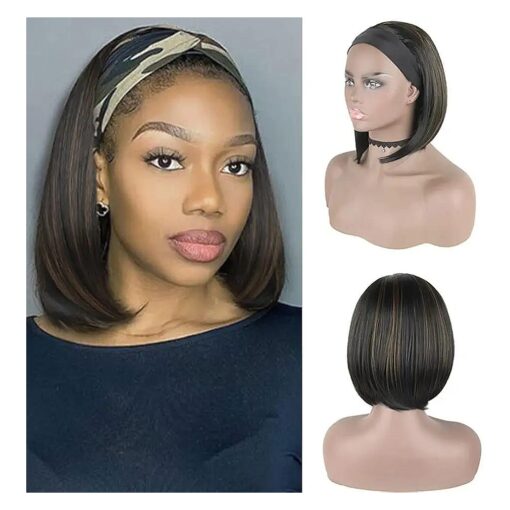 RUIBO Straight Bob Headband Wigs 10 Inch Black Mix Brown Short Bob Wigs for Black Women None Lace Half Wigs Natural Heat Resistant Synthetic Hair Headband Wigs for Cosplay Party Daily Use