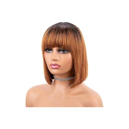 Human Hair Wig for Balck Women, 10 Inch Bob Wigs with Bangs, Omber Honey Blonde Brazilian Straight Hair Wigs, 130 % Density Short Bob Wig None Lace Front Wigs for Daily Use Honey Blonde with Dark Roots