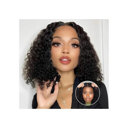 Wear and Go Glueless Bob Wig Human Hair, 6x4 Pre-Cut HD Lace Front Kinky Curly Glueless Wigs Pre-Plucked, Transparent Lace Closure Wigs for Women 180 % Density 10 inch