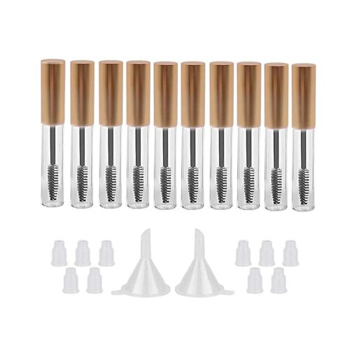 GTHER 10PCS 10ML Empty Mascara Tube Bottle with Eyelash Wand & Rubber Inserts & Funnels Set for Castor Oil/Eyelash Growth Oil, DIY Mascara Eyelash Cream Container with Cap, Matte Gold