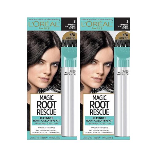 L'Oreal Paris Magic Root Rescue 10 Minute Root Hair Coloring Kit, Permanent Hair Color with Quick Precision Applicator, 100 percent Gray Coverage, 3 Soft Black, 2 count