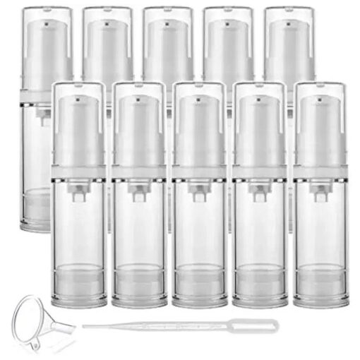 10 Pcs Clear Airless Pump Bottles, Refillable Empty Transparent Plastic Airless Lotion Pump Vacuum Container Diffuser Travel Size Lotion Sample Packing Vial-FREE Funnel, Dropper ( 5ml/0.17 Qunce )