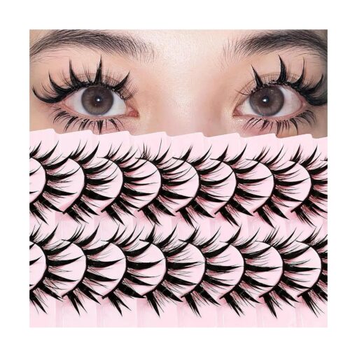 10Pairs Wet Look Manga Lashes Cat Eye Lashes Extensions 16mm Cute Look Lashes, Japanese Manhua Styles Faux Mink Eyelashes for Everyday Wear or Costume Parties ( H01 )