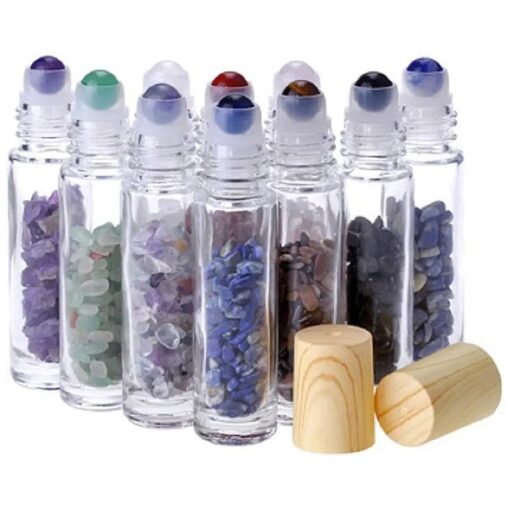 10Pcs 10ml Natural Semiprecious Stones Essential Oil Roller Bottles Clear Glass Roll-on Bottles Gemstone with Wooden Caps and Healing Crystal Chips Inside