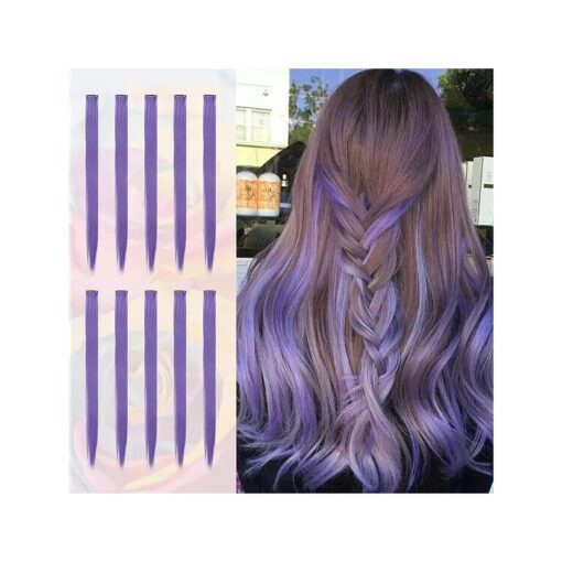 Sofeiyan 10 Pcs Colored Hair Extensions Party Highlights Colorful Clip in Hair Extensions 22 Inch Straight Synthetic Hairpieces for Women Kids Girls Halloween Christmas Cosplay, 10pcs Grey Purple