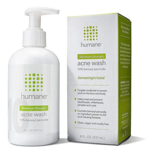 humane Maximum-Strength Acne Wash - 10 % Benzoyl Peroxide Acne Treatment for Face, Skin, Butt, Back and Body - 8 Fl Oz - Dermatologist-Tested Non-Foaming Cleanser - Vegan, Cruelty-Free