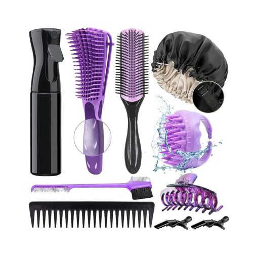 10Pcs Detangling Brush for Black Natural Hair, Curly Hair Brush Set with Sleep Bonnet for Afro America/African Hair 3a to 4c Texture, Detangling Brush Set Easier and Faster Detangling on Wash Days