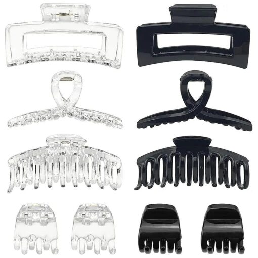 10-Piece Hair Claw Clips Set, Assorted Sizes Strong Claw Hair Clips for All Hair Types, Hair Styling Accessories for Women, Men, Boys and Girls - ( Black & Clear, 4.3 inch & 1.3 inch )