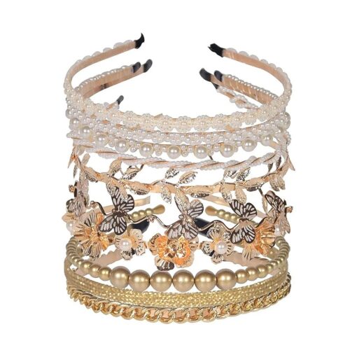 10 PCS Pearls Headband, Rhinestones, Gold Metal Headbands, White Hairbands Leaf Decor Metallic Butterfly Flower Chained Bridal Hair Hoop, Wedding Hair Accessories for Women Girls !