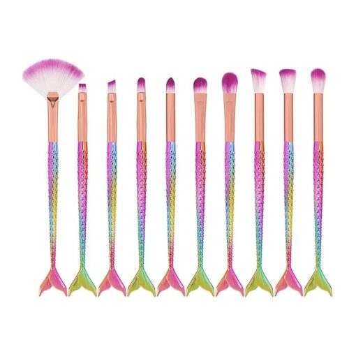 Makeup Brush Set 10 Pcs Fish Tail Eye Makeup Brushes, Eyeshadow Concealer Eyeliner Brow Blending Brush Tool ( Multicolor Mermaid Handle )