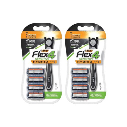 BIC Flex 4 Sensitive Hybrid Titanium Men 's Disposable Razors, For a Smooth, Ultra-Close and Comfortable Shave, 8 Cartridges and 2 Handles, 10 Piece Razor Set