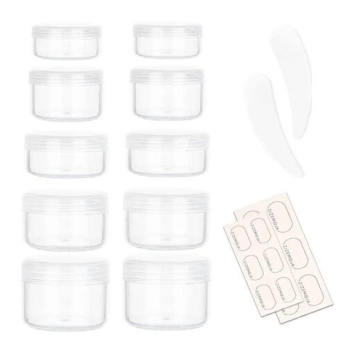 10 Pieces Small Travel Containers, 3/5/10/15/20 Gram Size Travel Jars, Cosmetic Travel Size Containers for Lotions and Creams, Plastic Sample Containers Jars with 12pcs Labels, 2pcs Mini Spatula