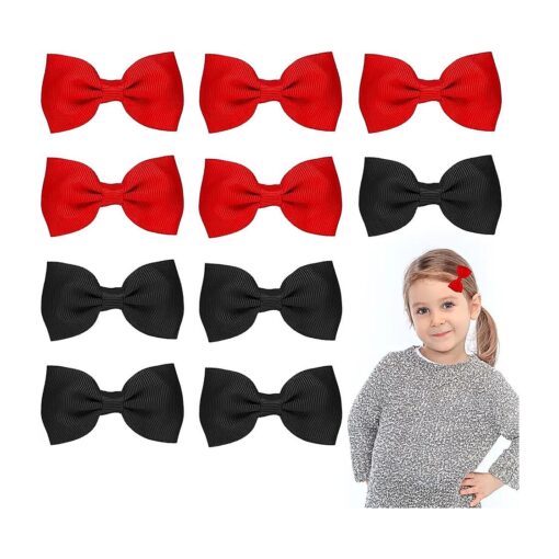 Sibba Bows Hair Fastener Clips Barrettes 10 PCS Little Small Grosgrain Ribbon Non-slip Hairpin Headpiece Headwear Girl French Bowknot Hairstyle Braids Ponytails Accessories ( Black/red )