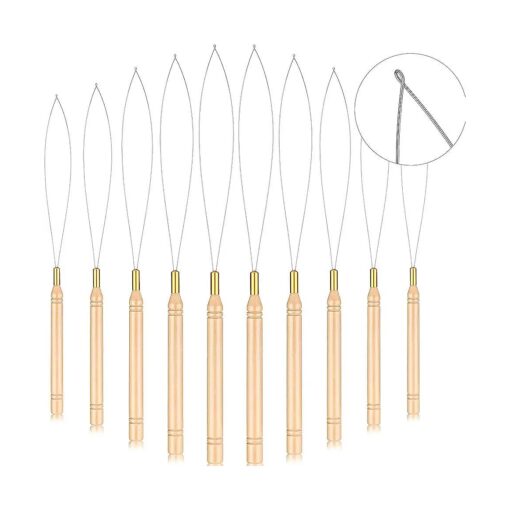 10 Pieces Wooden Hair Extension Loop Needle Kit Hair Extension Loop Tool Threader Wire Pulling Hook Tool and Bead Device Tool Black Loop Threader for Hair or Feather Extensions