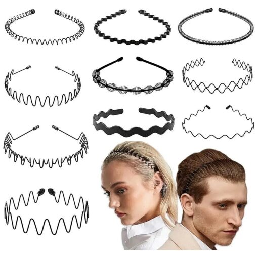 10 Pieces Black Headband for Men and Women Adjustable Unisex Metal Wavy Hair Band Non-slip Metal Plastic Hair Hoop for Long Curly Hair Home, Outdoor, Sports and Yoga Accessories ( Style A )