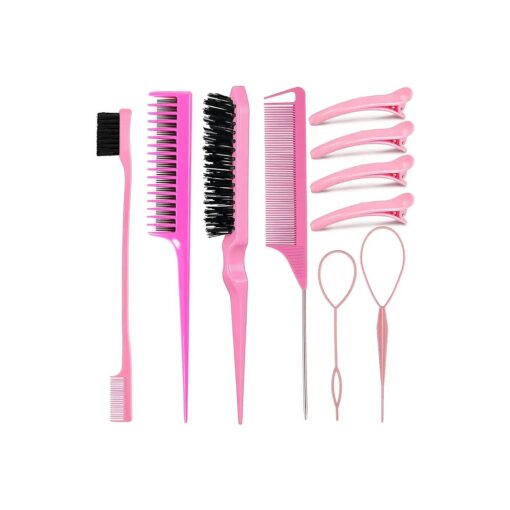 10 Pieces Hair Styling Comb Set Teasing Hair Brush Triple Teasing Comb Rat Tail Combs Edge Brush Hair Tail Tools Braid Tool Loop with Hair Clips for Women Girls Kids Hair Stylists Braiding Backcombing