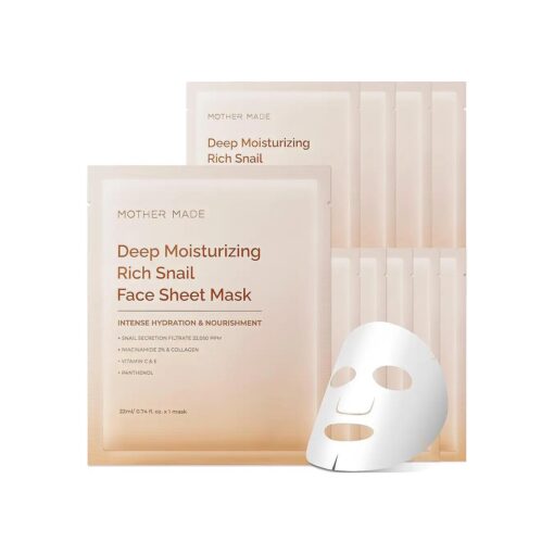 Deep Moisturizing Snail Mucin Face Mask 10 Sheets, 22,050ppm Snail Secretion Filtrate, Collagen, 2 % Niacinamide, Vitamin C & E, Nourishing Snail Essence, Korean Skincare