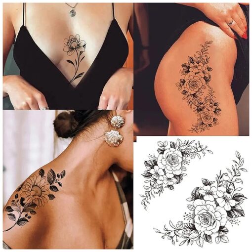 10 Sheets 3D Black Flower Rose Temporary Tattoos For Women, Waterproof Fake Body Art Arm Sketch Tattoo Stickers For Women Girls