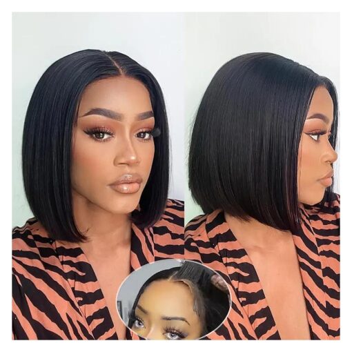 Human Hair Short Bob Wig Straight Human Hair Wigs for Women Glueless Wigs Pre-Plucked Pre-Cut Lace Front Wigs 5x5 Lace Closure Wear and Go Glueless Wig 10 inch Natural Black Color