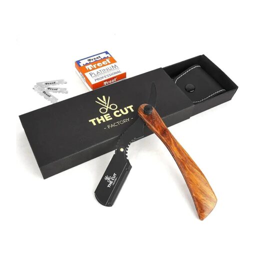 The Cut- Factory- Straight Razor with 100 Pack Platinum Treat Single Straight Edge Razor for Close Shaving 100 Percent Wood, Blade Razors for Men : Professional Barber ( Brown )