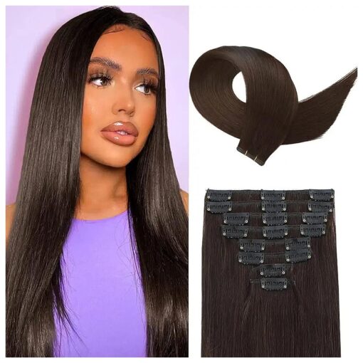 Clip in Hair Extensions Real Double Weft Straight 100 % Brazilian Virgin Human Hair 8pcs 65g with 18clips Per Pack for Women ( # 2 Dark Brown,16 Inch )