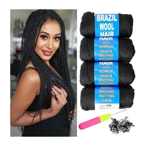 Brazilian Wool Hair Acrylic Yarn 100 % for African Crochet Braid/Box Braids/Jumbo Braiding/Senegalese Twist/Faux Locs/Twist Wraps Synthetic Fiber Hair Extensions Natural Black Color