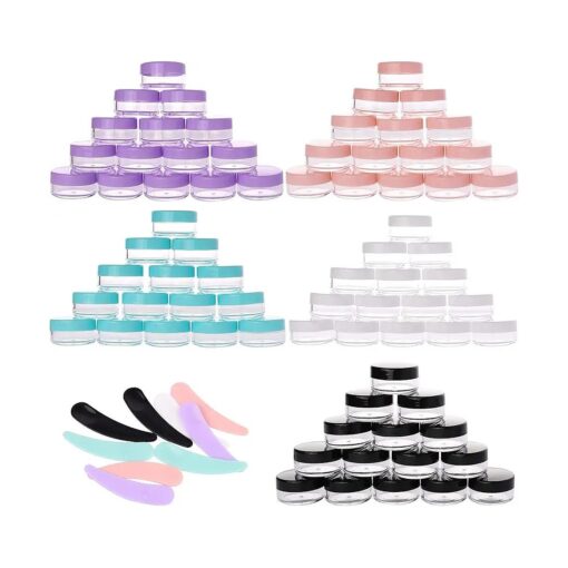 100 Count 10 gram Small Round Sample Containers with lids Cosmetic Jars Plastic Jars Makeup Containers Lip Scrub Containers Leak Proof and 10Pcs Mask Spatula for Beauty Products