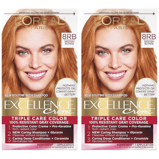 L'Oreal Paris Excellence Creme Permanent Hair Color, 8RB Medium Reddish Blonde, 100 percent Gray Coverage Hair Dye, Pack of 2