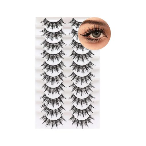 Losha Eyelashes Wispy Wet Look Manga Lashes Natural Look 18mm Spiky Anime Fake Eyelashes 10 Pairs Handmade Faux Mink Lashes Pack ( 02 )