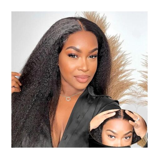 Domiso Glueless Wig Human Hair Yaki Hair Pre Cut 6x4.6 HD Lace Wig Knots Bleached Kinky Straight Lace Front Wigs Human Hair for Women Natural Hairline Pre Plucked Breathable Cap 200 % Density 16 Inch