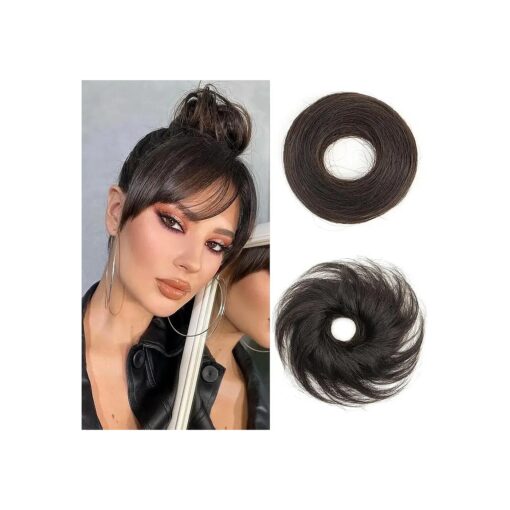 Human Hair Bun Extension # 1B Natural Black Messy Bun with Elastic Band Hair Bun 100 % Real Human Hair Elastic Rubber Band for Women/Kids Girls Stretchy Fluffy