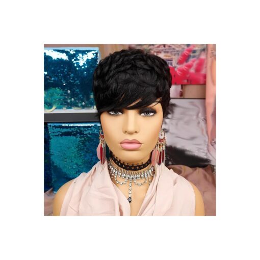 Short Wigs for Black Women Human Hair Pixie Cut Wig Human Hair Short Black Layered Wavy Wigs with Bangs Non Lace Front Wig Brazilian Guleless Full Machine Made Color 1B #