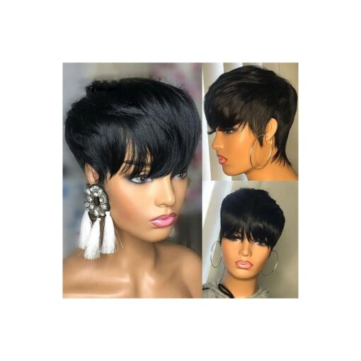 Human Hair Short Wigs Pixie Cut Wigs with Bangs Short Black Layered Wavy Wigs for Women 1B Color