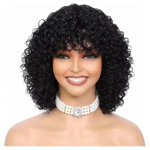 wigs human hair 200 density short curly human hair wig with bangs 100 % human hair no lace human hair wigs for women 12 inch black color, gift for mom, for birthday, for travel.for party .