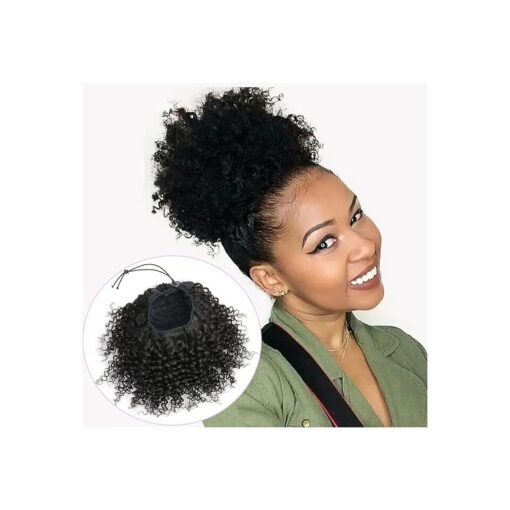 Natural Drawstring Ponytails Real Human Hair for African Black Women Girls Kids, short Afro Puffs Hair Buns Kinky Curly Hairpieces With 2 Stable Combs ( 8 Inch, # 1B Natural Black )