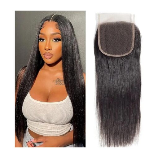 Lace Closure 4X4 HD Lace Closure Straight Lace Closure Human Hair 14 Inch Brazilian Virgin Hair Lace Closure Free Part 100 % Human Hair Extensions for Black Women Pre Plucked Natural Color