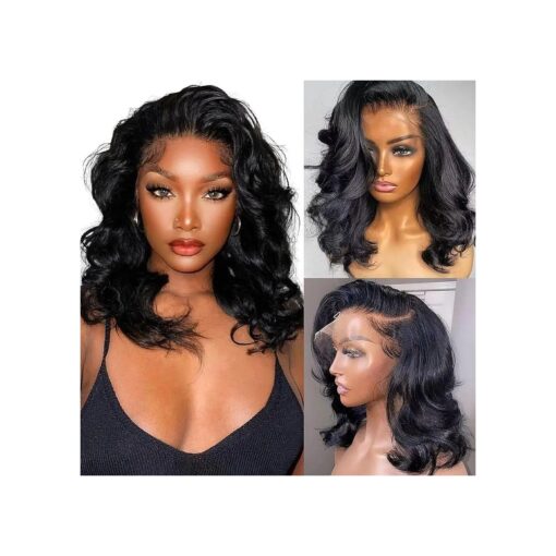 13x4 Body Wave HD Lace Front Wigs Human Hair 180 % Density Glueless Bob Wigs Human Hair Pre Plucked Short Bob Wigs for Black Women Frontal Wig Human Hair Natural Black Color ( 14 inch, Bob Wig )