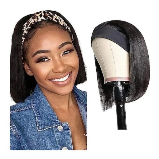 Headband Wig Human Hair Wigs for Black Women Straight Bob Human Hair Headband Wigs None Lace Wig Glueless Short Bob Wigs 100 % Brazilian Virgin Hair Wear and Go Wigs Natural Color 10 Inch