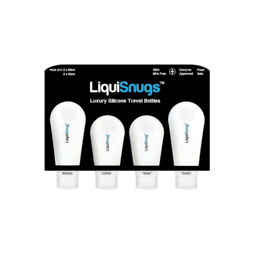 LiquiSnugs Premium - 100 % Guaranteed Leak Proof Silicone Travel Bottles For Toiletries - TSA Approved Container, Premium Range Travel Shampoo Bottles with Suction Cups and Adjustable Labels