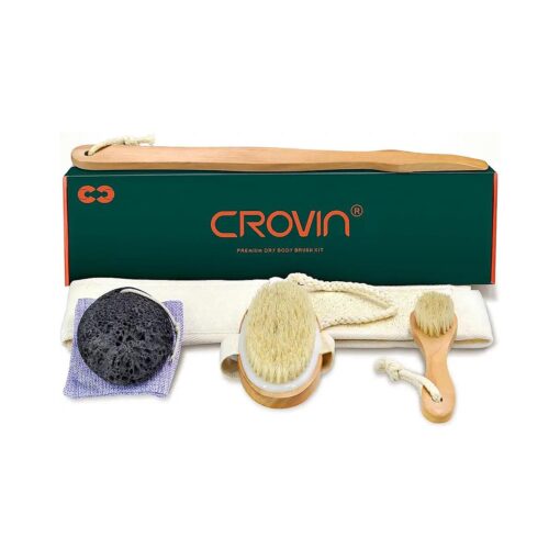 Dry Brushing Body Brush - Natural Boar Bristle Dry Brush Set for Body and Face Brushing - Ski Brushing - Loofah Back Scrubber - Bath and Shower Gloves - Pumice Stone Foot Scrub - Men and Women