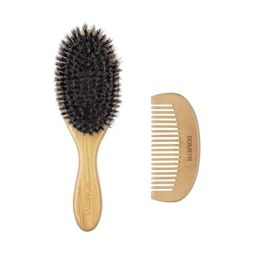 100 % Boar Bristle Hair Brush Set ( Medium ), Soft Natural Bristles for Thin and Fine Hair, Restore Shine And Texture, Wooden Comb and Travel Bag Included .